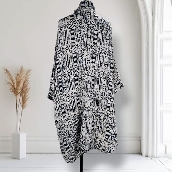 Tienda Ho Oversized Silk Midi Lagenlook Dress Navy Tribal Graphic Print Tunic - Picture 7 of 16